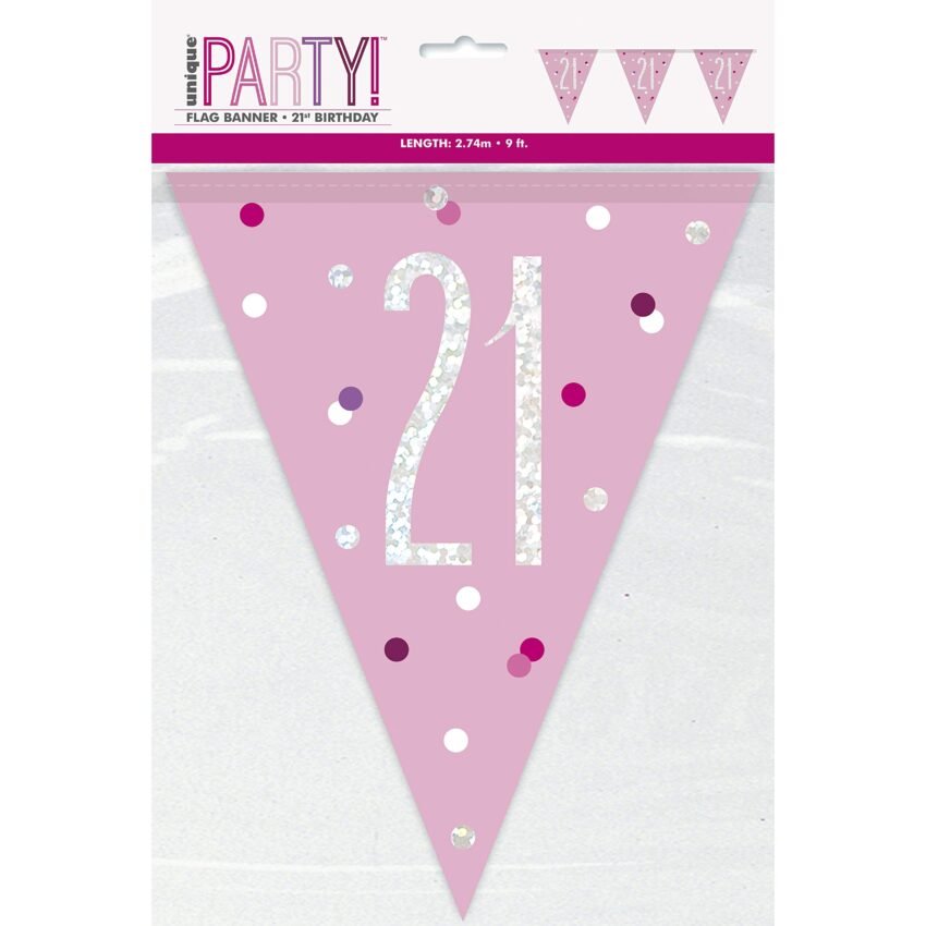 Happy 21st Birthday Flag Banner Glitz Pink