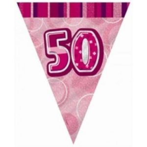 Happy 50th Birthday Flag Banner Glitz Pink