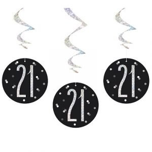 Happy 21st Birthday Black & Silver Glitz Hanging Swirls Decorations