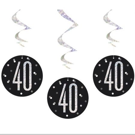 Happy 40th Birthday Black & Silver Glitz Hanging Swirls Decorations