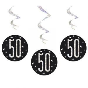 Happy 50th Birthday Black & Silver Glitz Hanging Swirls Decorations