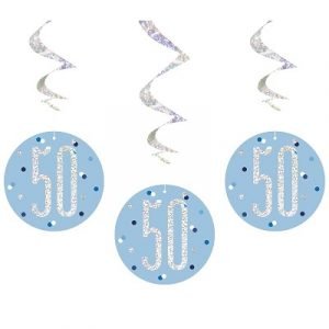 Happy 50th Birthday Blue & Silver Glitz Hanging Swirls Decorations