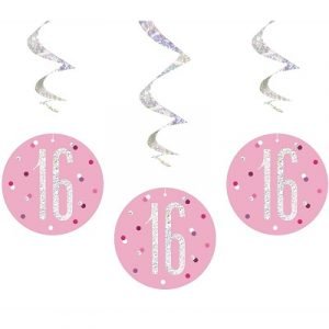 Happy 16th Birthday Pink & Silver Glitz Hanging Swirls Decorations