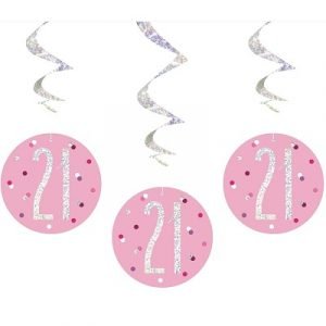 Happy 21st Birthday Pink & Silver Glitz Hanging Swirls Decorations