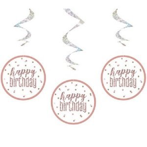 Happy Birthday Rose Gold & Silver Glitz Hanging Swirls Decorations